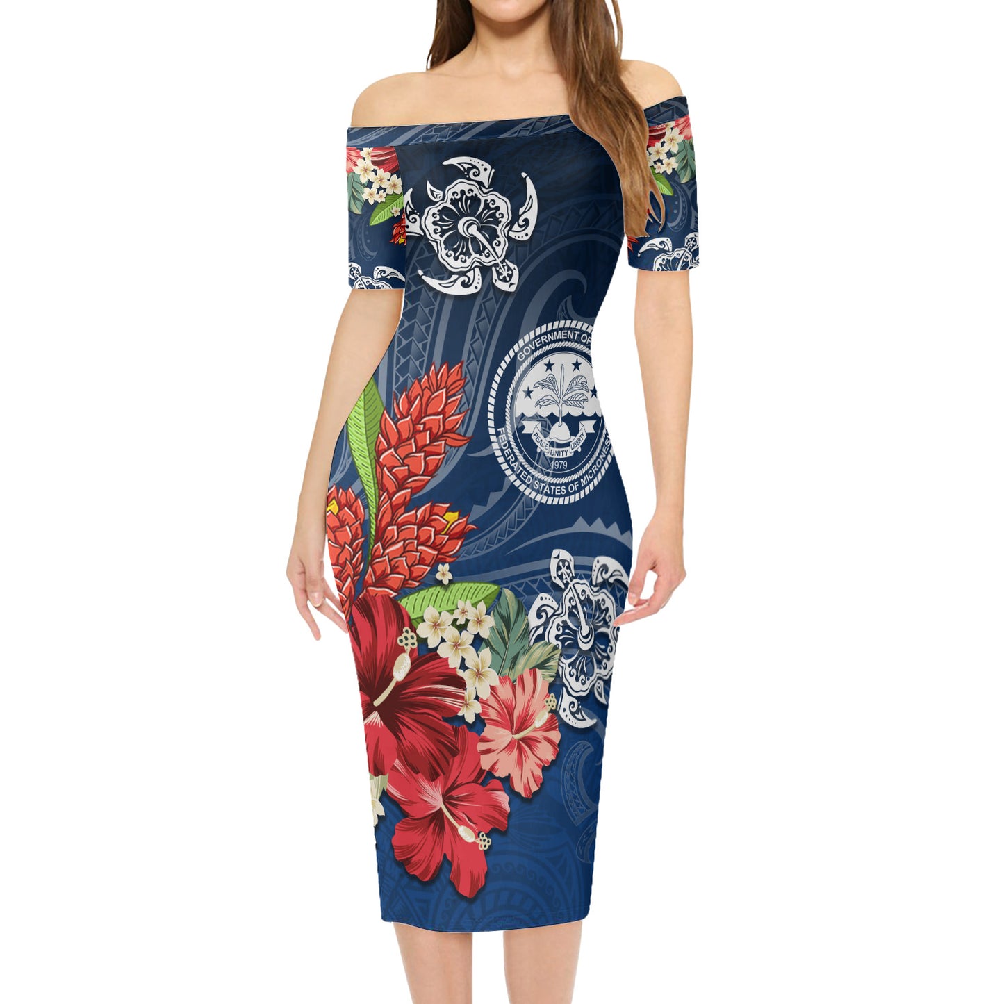 Federated States Of Micronesia Combo Short Sleeve Dress And Shirt  Flower And Turtle