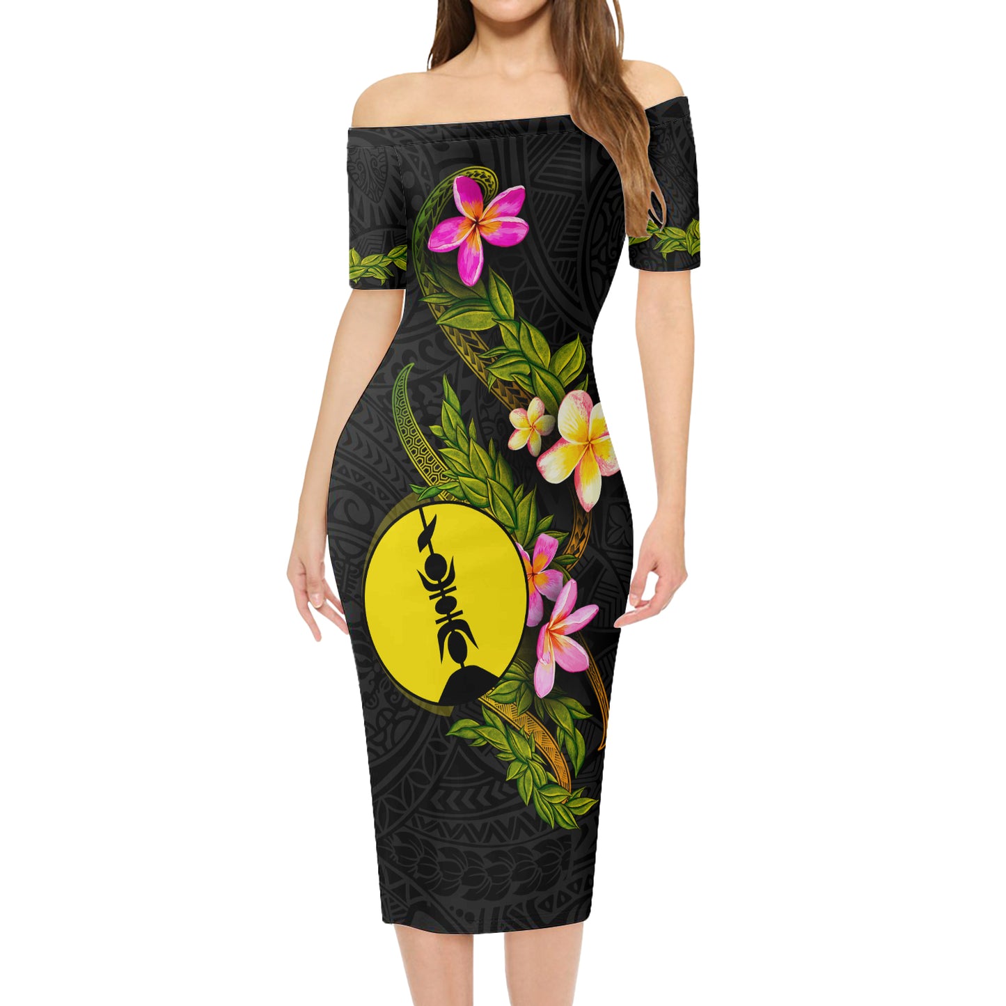 New Caledonia Short Sleeve Off The Shoulder Lady Dress Plumeria Tribal