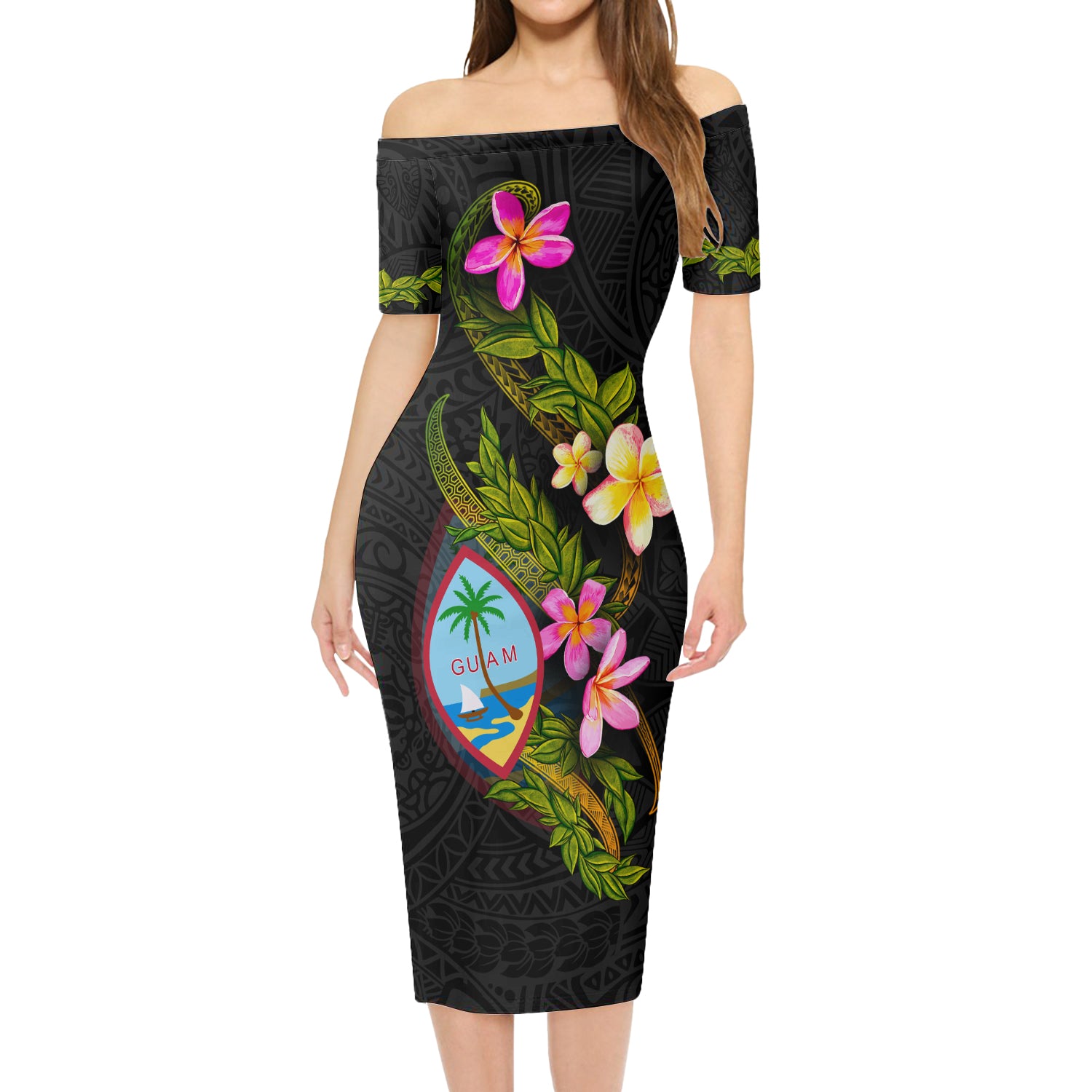 Guam Short Sleeve Off The Shoulder Lady Dress Plumeria Tribal