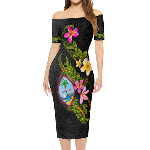 Guam Short Sleeve Off The Shoulder Lady Dress Plumeria Tribal