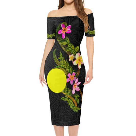 Palau Short Sleeve Off The Shoulder Lady Dress Plumeria Tribal