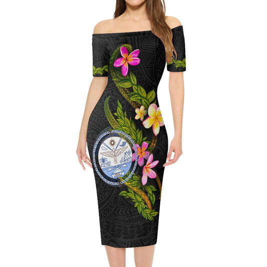 Marshall Islands Short Sleeve Off The Shoulder Lady Dress Plumeria Tribal