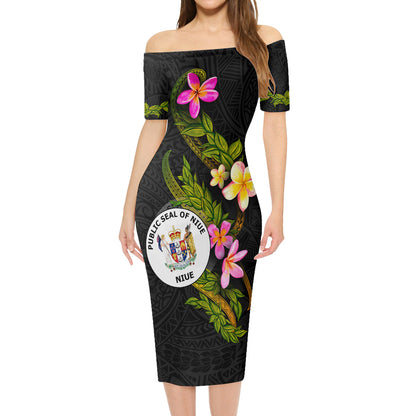 Niue Short Sleeve Off The Shoulder Lady Dress Plumeria Tribal