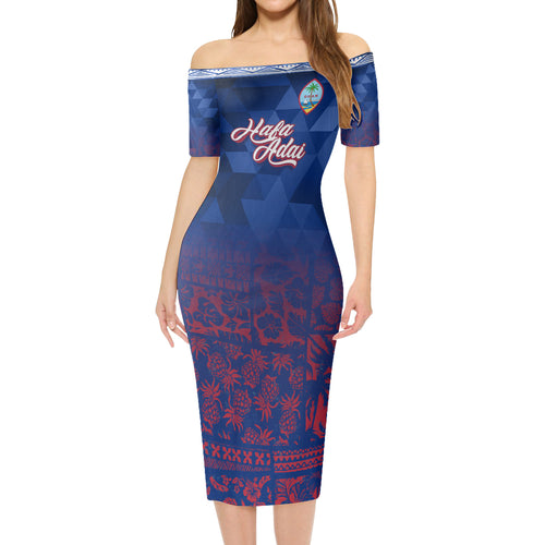 Guam Short Sleeve Off The Shoulder Lady Dress Lowpolly With Tribal Motif