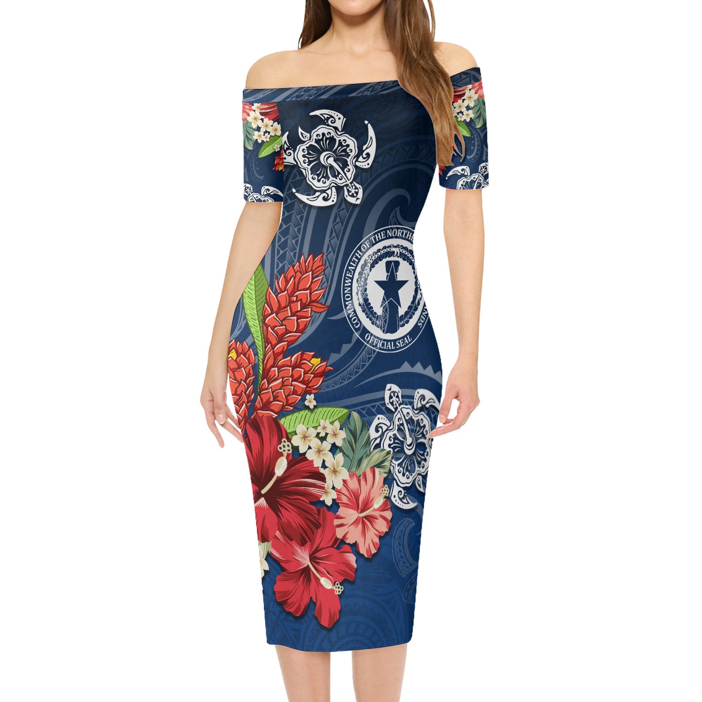 Northern Mariana Islands Combo Short Sleeve Dress And Shirt  Flower And Turtle