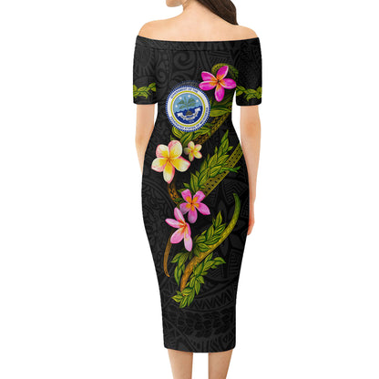 Federated States Of Micronesia Short Sleeve Off The Shoulder Lady Dress Plumeria Tribal
