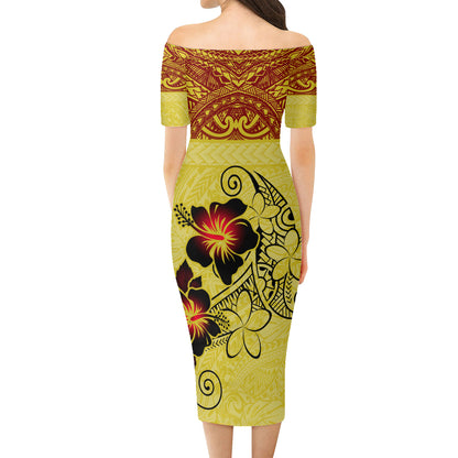 Hawaii Combo Short Sleeve Dress And Shirt Polynesian Tribal Patterns Hibiscus Flowers Yellow Color