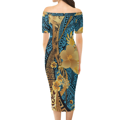 Polynesian Tribal Patterns Hibiscus Flowers Golden Color Short Sleeve Dress And Shirt