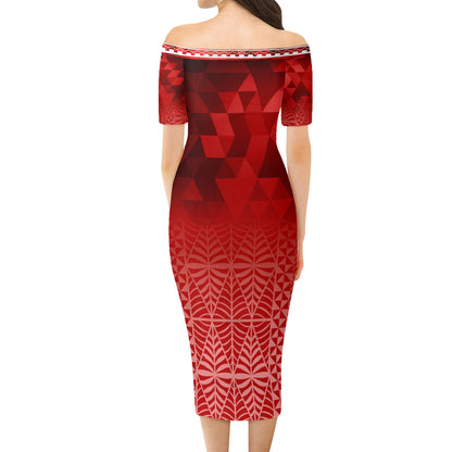 Tonga Short Sleeve Off The Shoulder Lady Dress Lowpolly With Tribal Motif