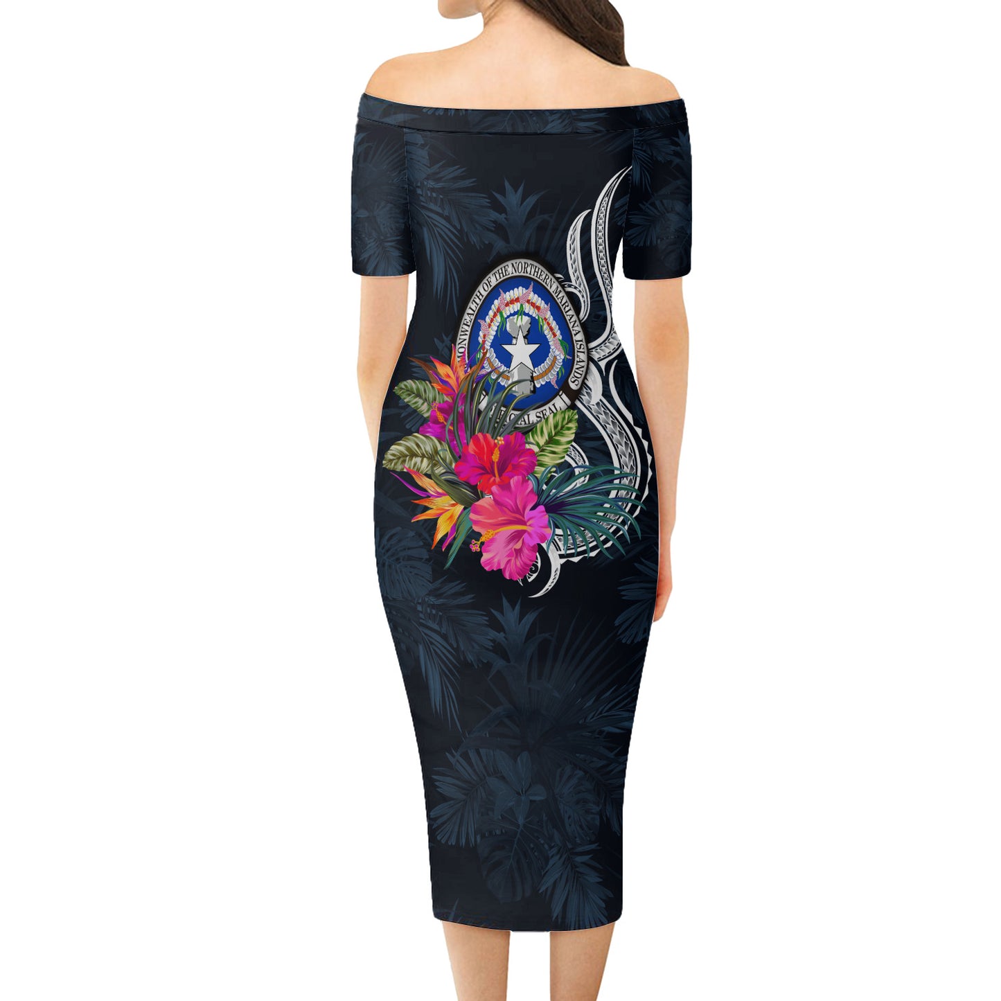 Federated States Of Micronesia Short Sleeve Off The Shoulder Lady Dress Tropical Flower