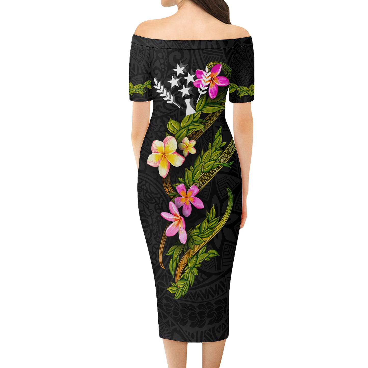Kosrae Short Sleeve Off The Shoulder Lady Dress Plumeria Tribal