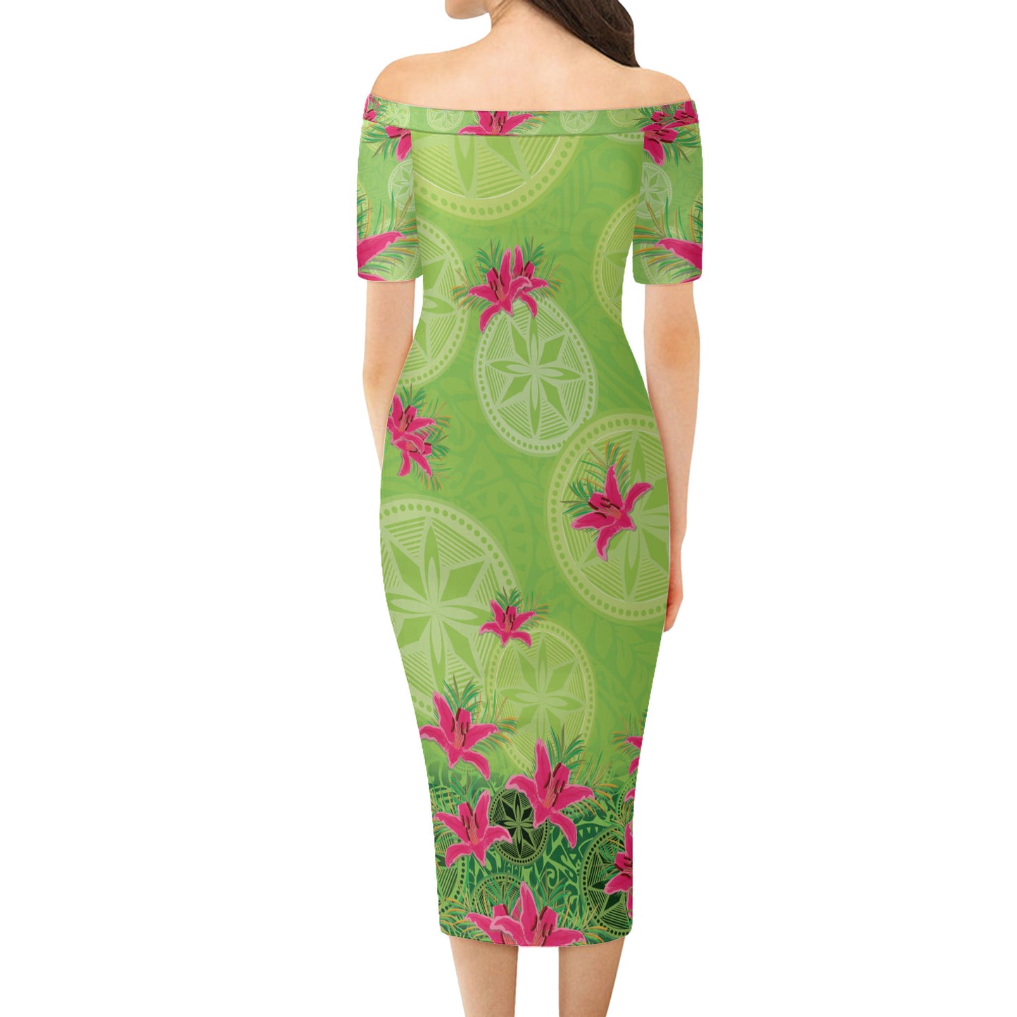 New Zealand Short Sleeve Off The Shoulder Lady Dress Lilies With Polynesian Pattern