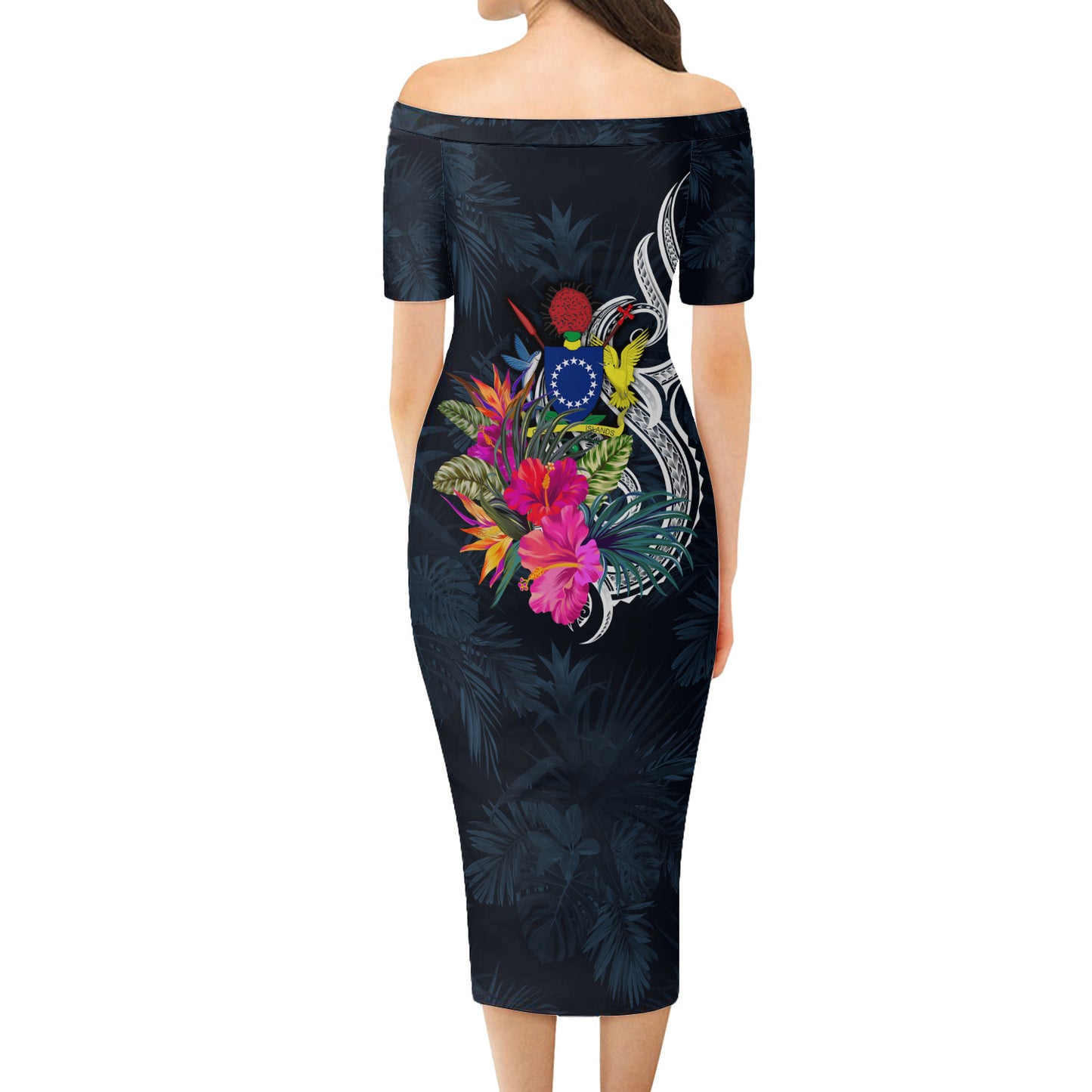 Cook Islands Short Sleeve Off The Shoulder Lady Dress Tropical Flower