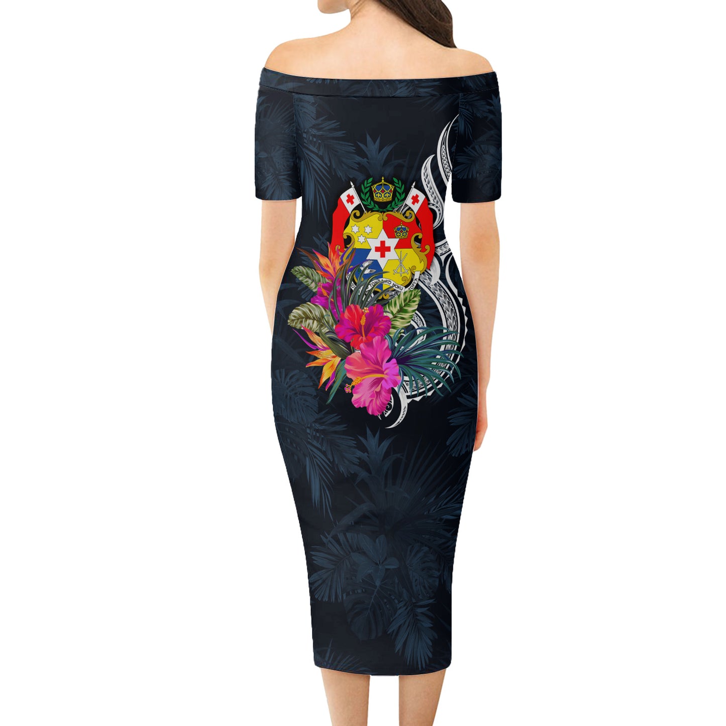 Tonga Short Sleeve Off The Shoulder Lady Dress Tropical Flower