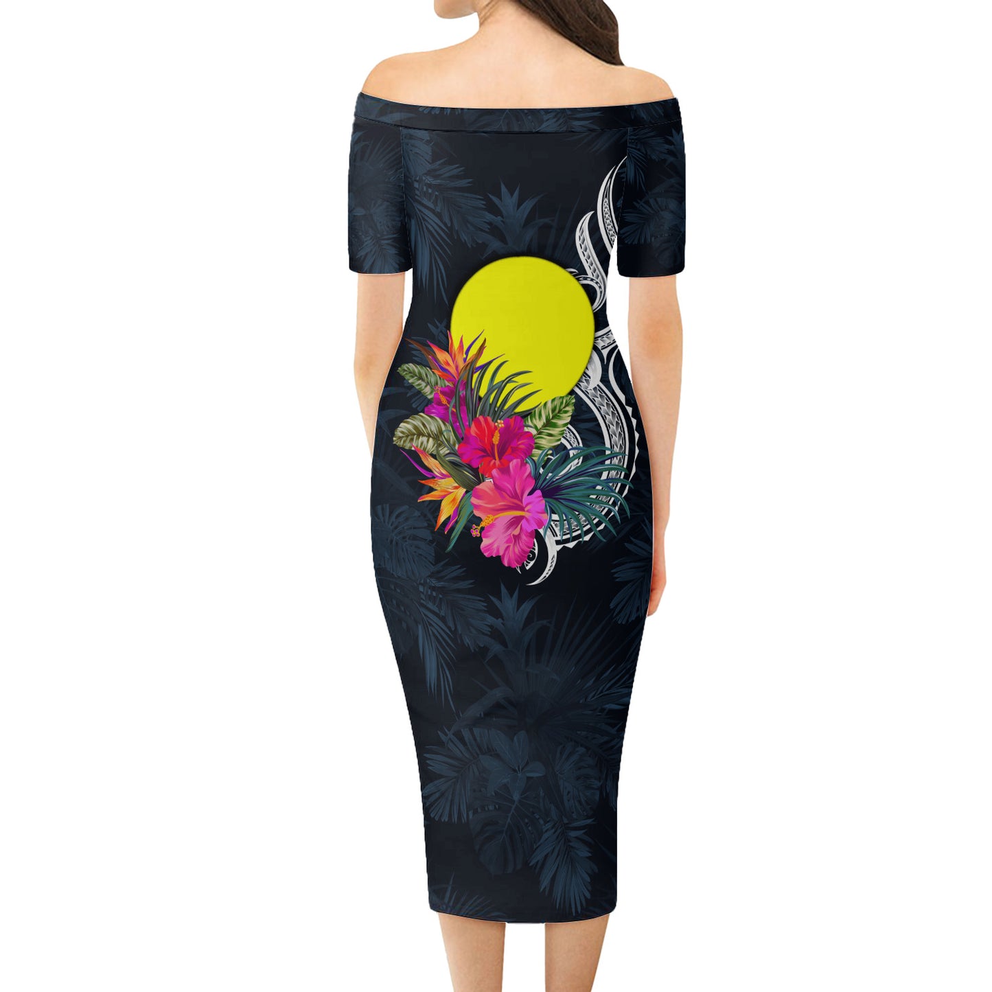 Palau Short Sleeve Off The Shoulder Lady Dress Tropical Flower