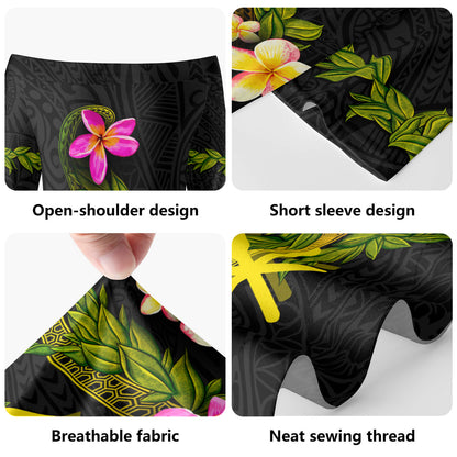 Hawaii Kanaka Maoli Short Sleeve Off The Shoulder Lady Dress Plumeria Tribal
