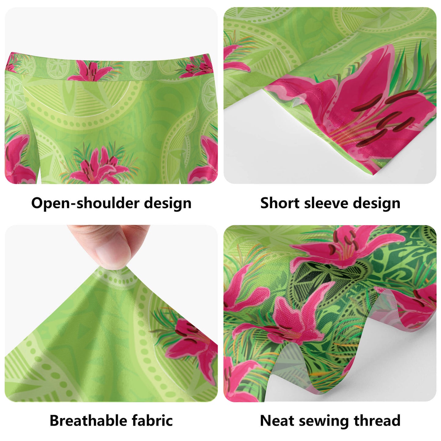 New Zealand Short Sleeve Off The Shoulder Lady Dress Lilies With Polynesian Pattern