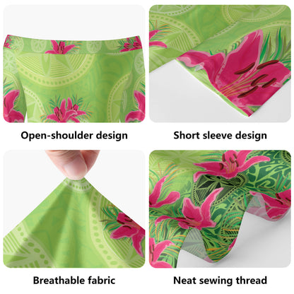New Zealand Short Sleeve Off The Shoulder Lady Dress Lilies With Polynesian Pattern