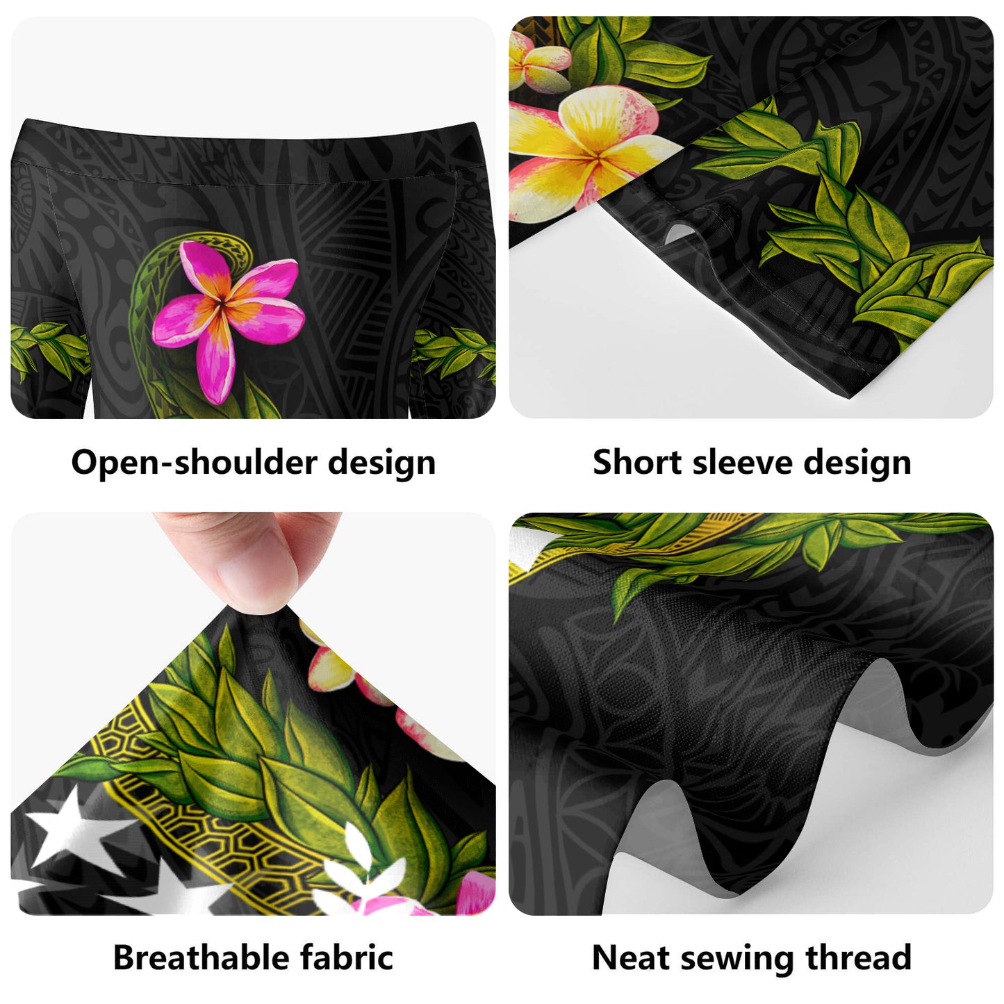 Kosrae Short Sleeve Off The Shoulder Lady Dress Plumeria Tribal