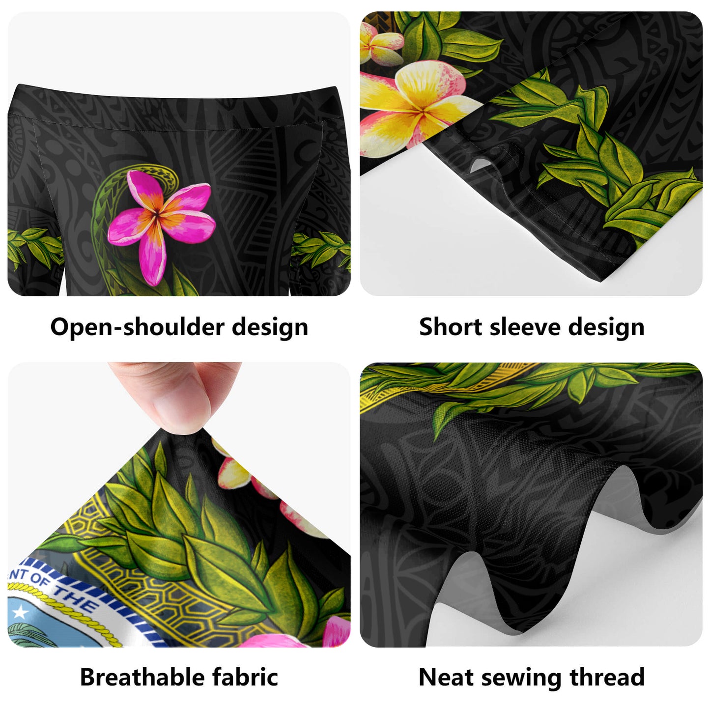 Federated States Of Micronesia Short Sleeve Off The Shoulder Lady Dress Plumeria Tribal