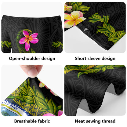 Federated States Of Micronesia Short Sleeve Off The Shoulder Lady Dress Plumeria Tribal