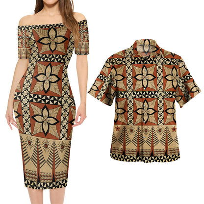 Tonga Combo Short Sleeve Dress And Shirt Tapa Motif
