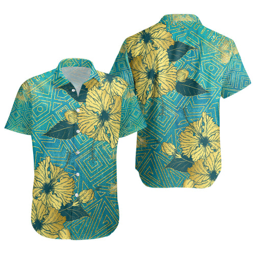 Hawaii Short Sleeve Shirt Golden Hibiscus Turquoise Color Tribal Pattern