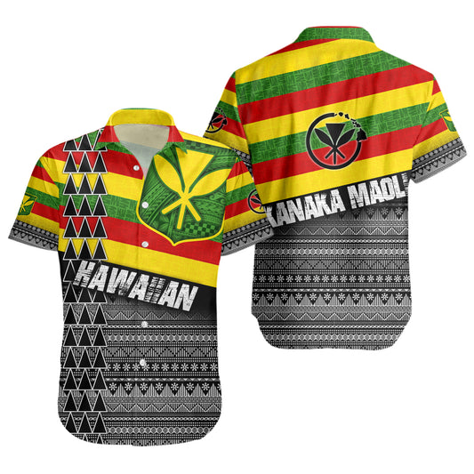 Hawaii Short Sleeve Shirt Kanaka Maoli Flag Polynesian Tribal Patterns Grunge Style