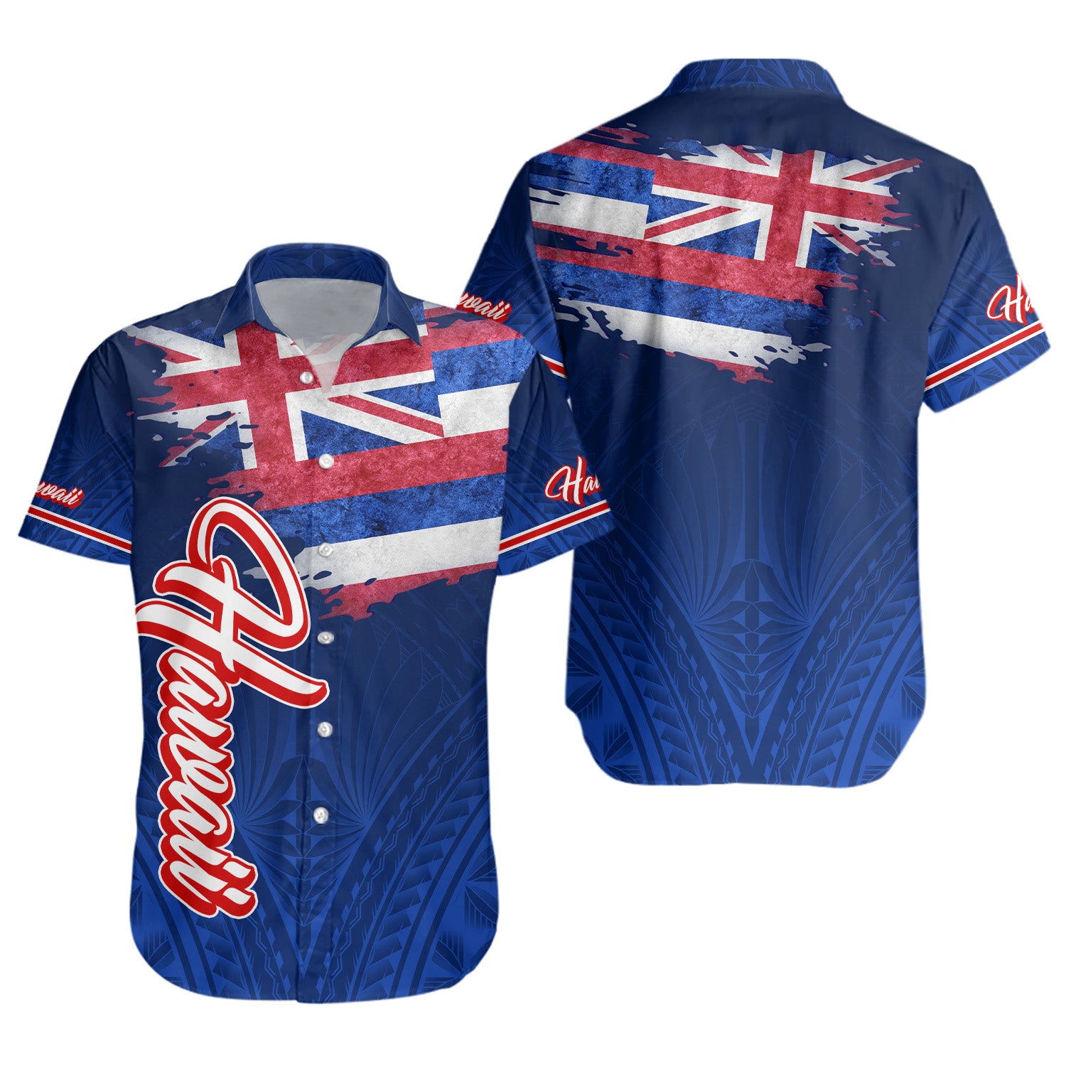 Hawaii Short Sleeve Shirt Hawaii Flag Blue Color Polynesian Patterns Grunge Style