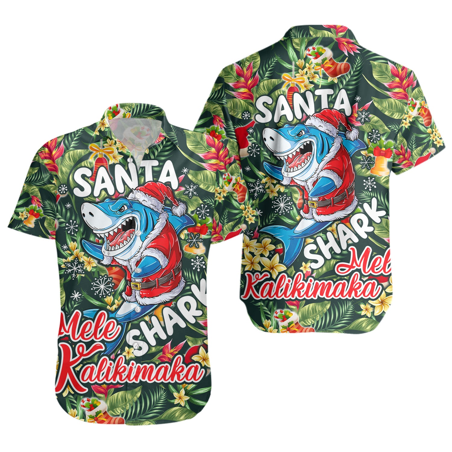 Hawaii Short Sleeve Shirt Mele Kalikimaka Santa Shark Tropical Style