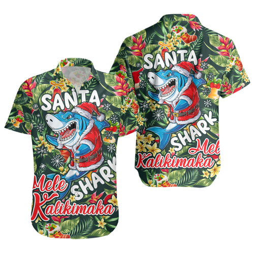 Hawaii Short Sleeve Shirt Mele Kalikimaka Santa Shark Tropical Style
