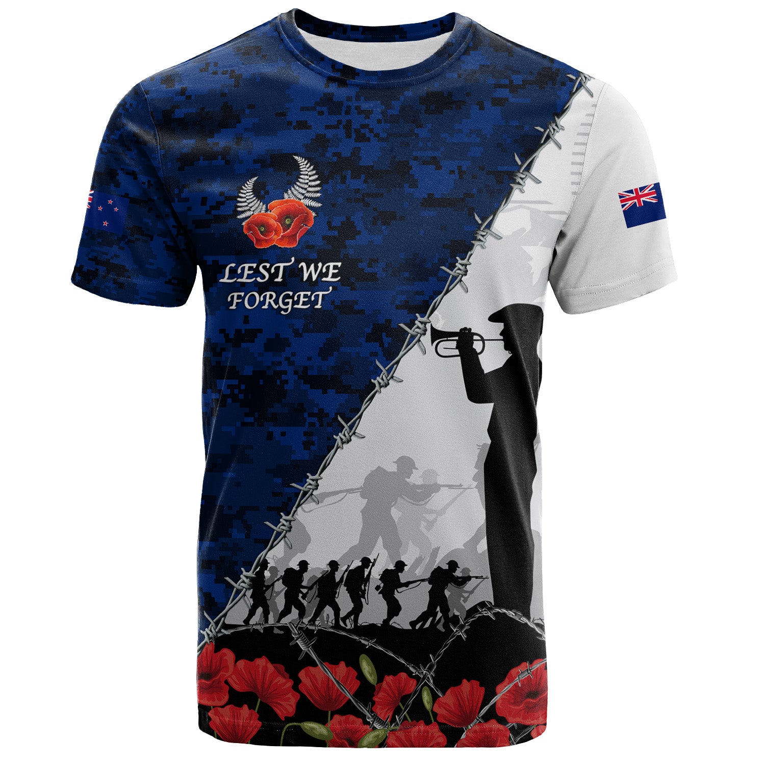 New Zealand T-Shirt Anzac Day Poppy Flower And Barbed Wire