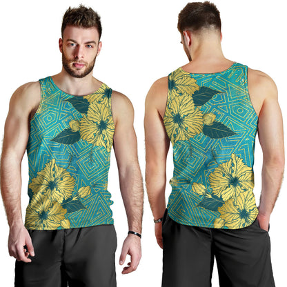 Hawaii Tank Top Golden Hibiscus Turquoise Color Tribal Pattern