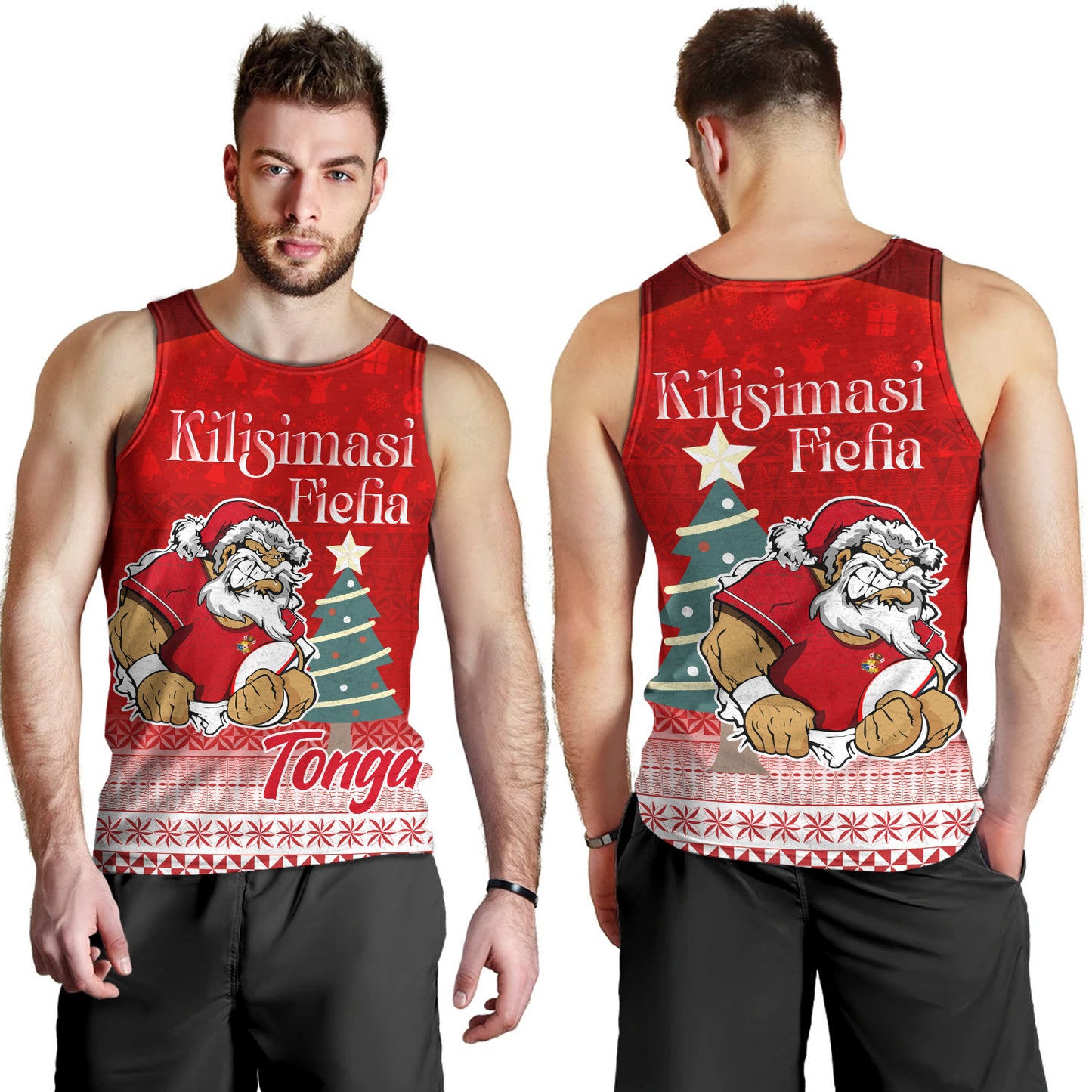 Tonga Tank Top Kilisimasi Fiefia Rugby Santa Style