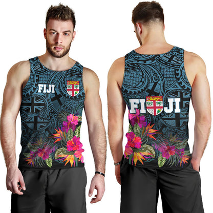Fiji Tank Top - Fiji Seal With Tapa Patterns Tropical Flowers Design