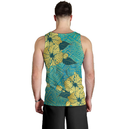 Hawaii Tank Top Golden Hibiscus Turquoise Color Tribal Pattern