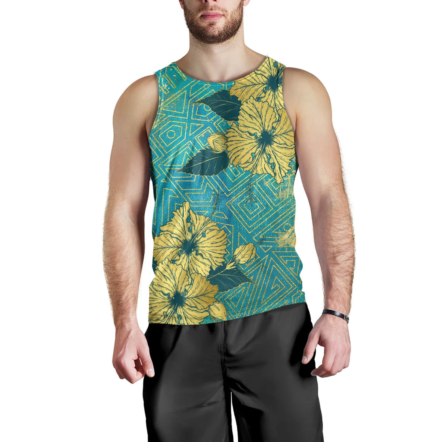 Hawaii Tank Top Golden Hibiscus Turquoise Color Tribal Pattern