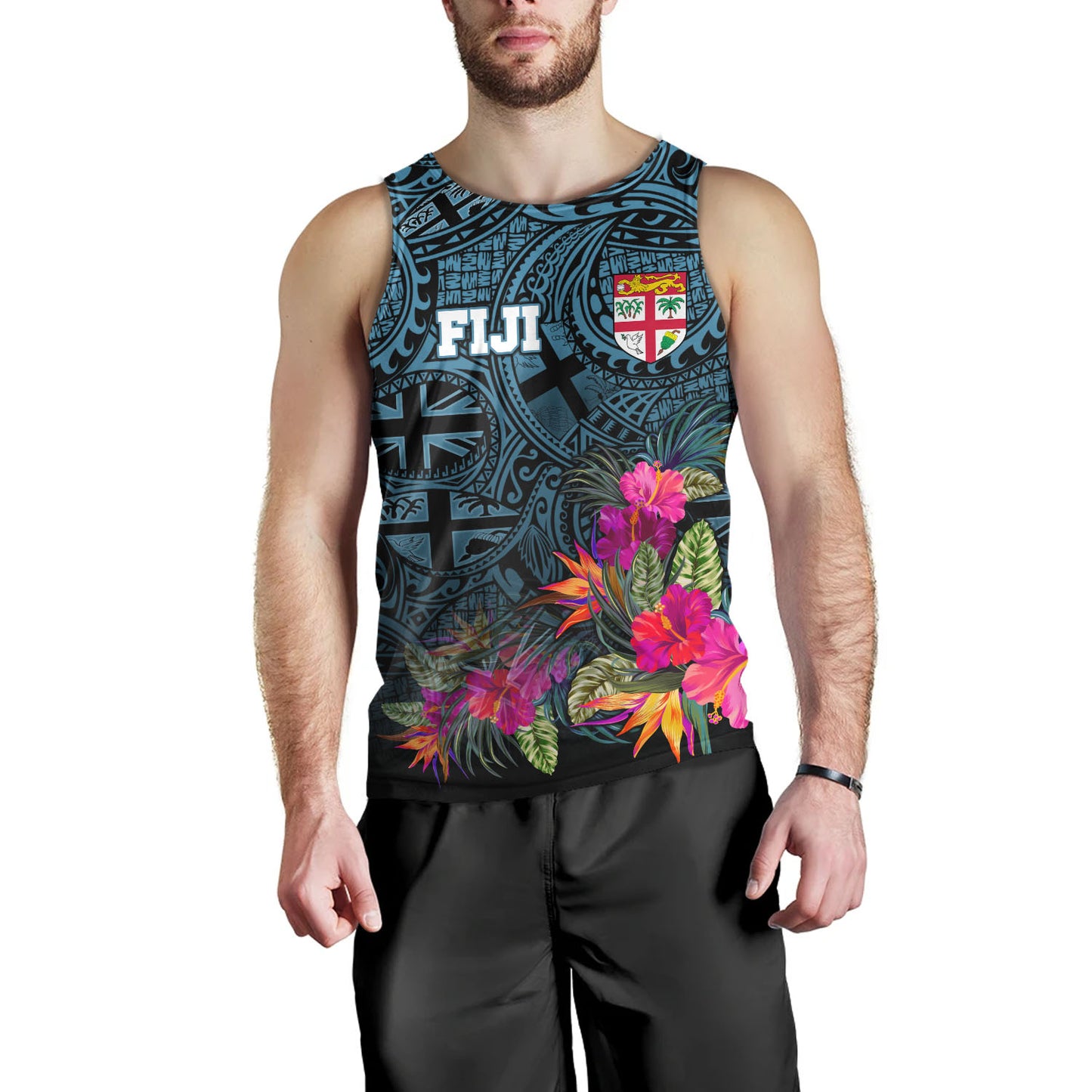 Fiji Tank Top - Fiji Seal With Tapa Patterns Tropical Flowers Design