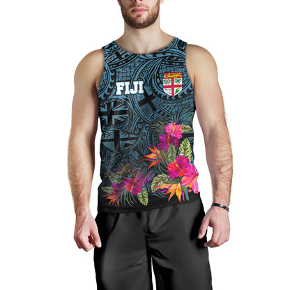 Fiji Tank Top - Fiji Seal With Tapa Patterns Tropical Flowers Design