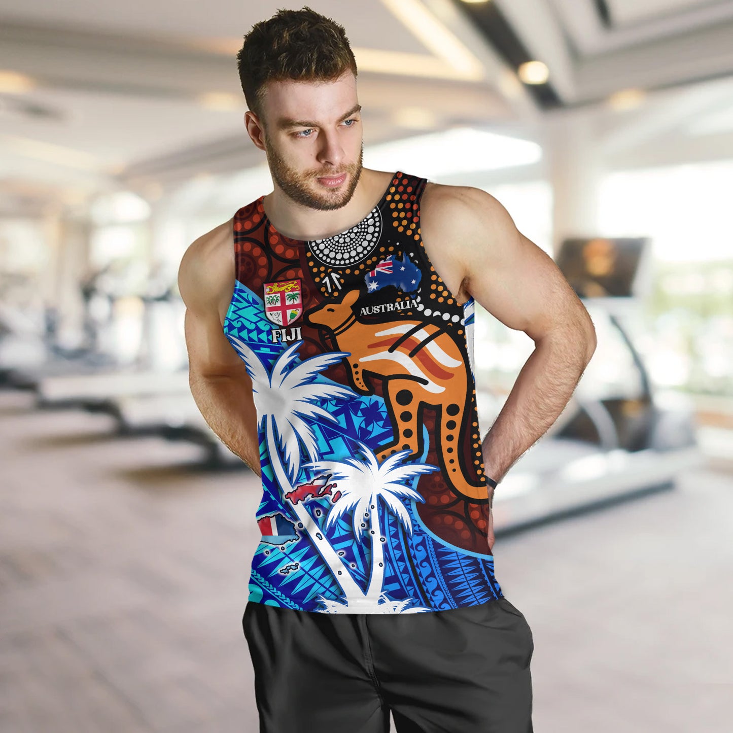Fiji And Australia Tank Top Fijian Flag Tapa Patterns With Aboriginal Kangaroo