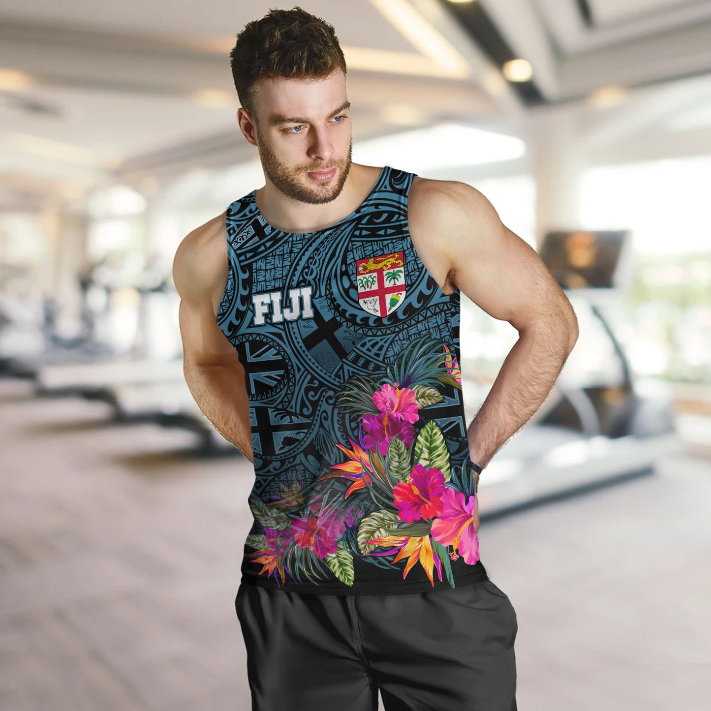Fiji Tank Top - Fiji Seal With Tapa Patterns Tropical Flowers Design