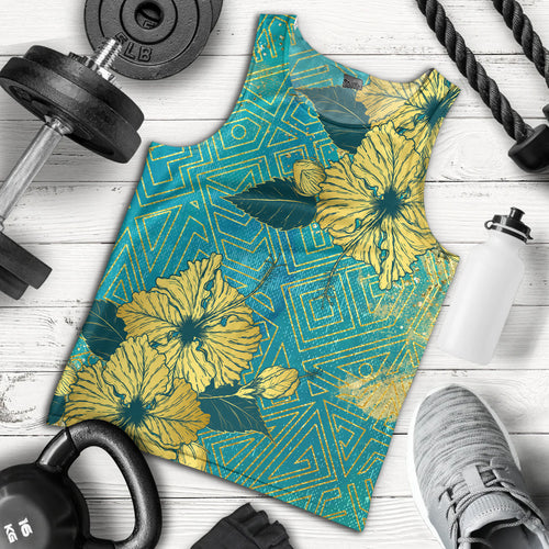 Hawaii Tank Top Golden Hibiscus Turquoise Color Tribal Pattern