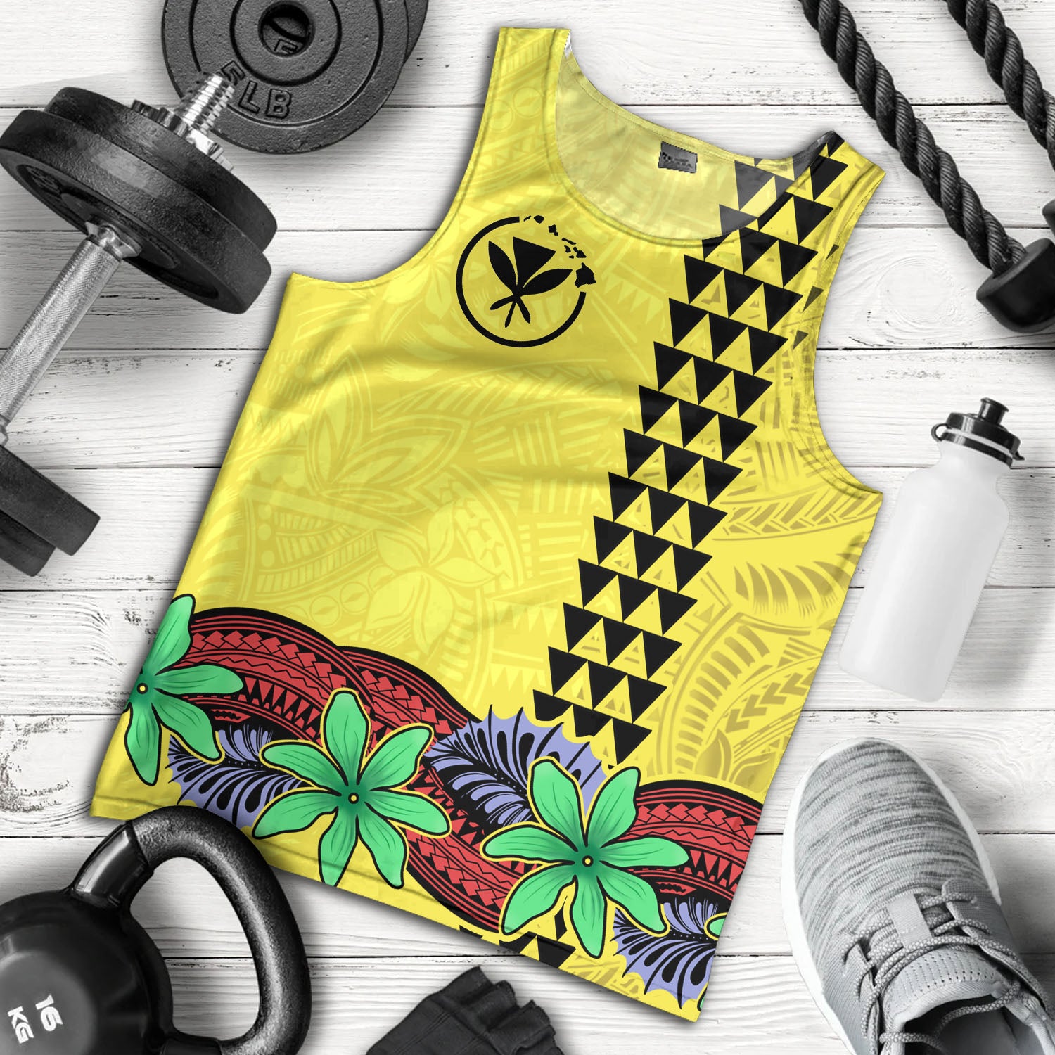 Hawaii Tank Top Kanaka Maoli Map Seal Tropical Flowers Yellow Color