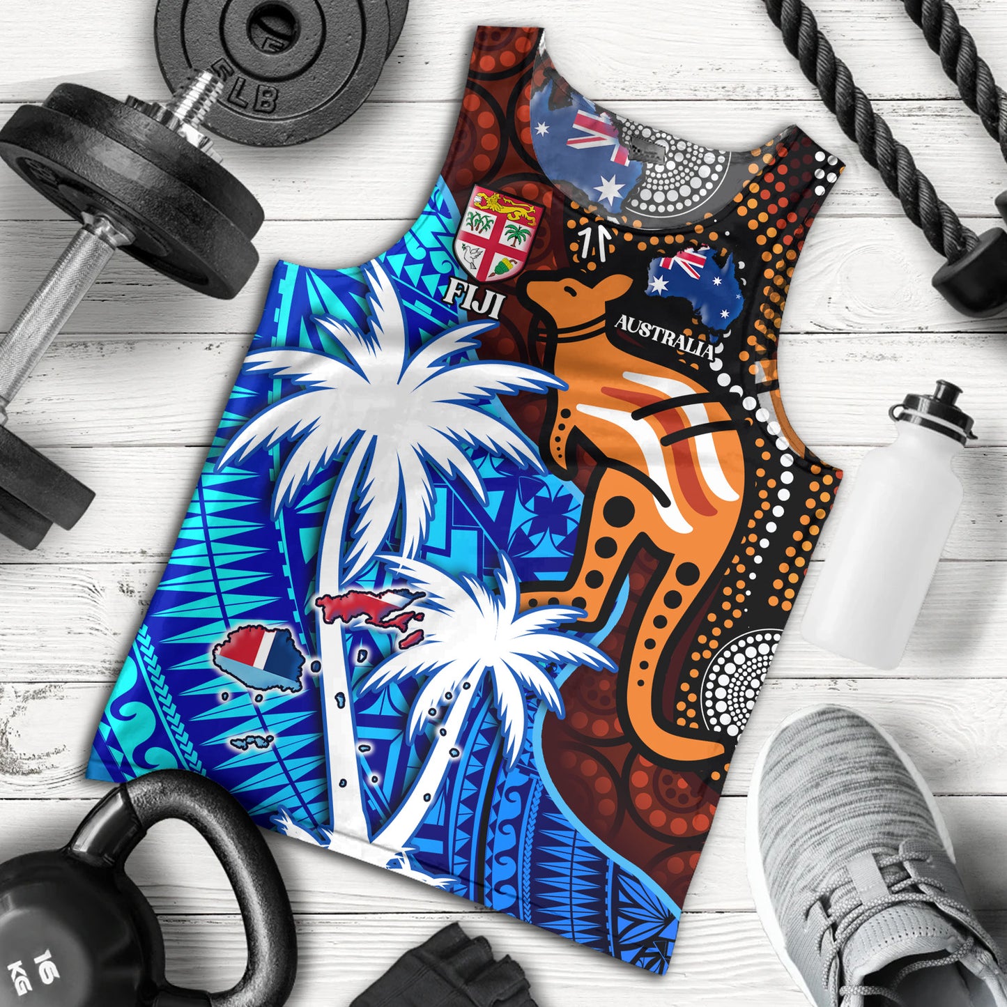 Fiji And Australia Tank Top Fijian Flag Tapa Patterns With Aboriginal Kangaroo