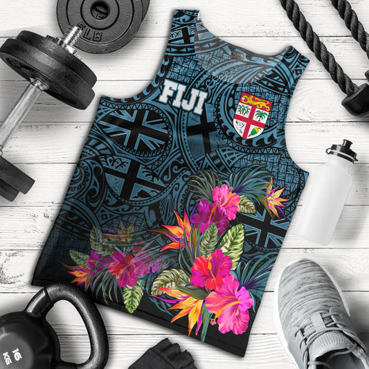 Fiji Tank Top - Fiji Seal With Tapa Patterns Tropical Flowers Design