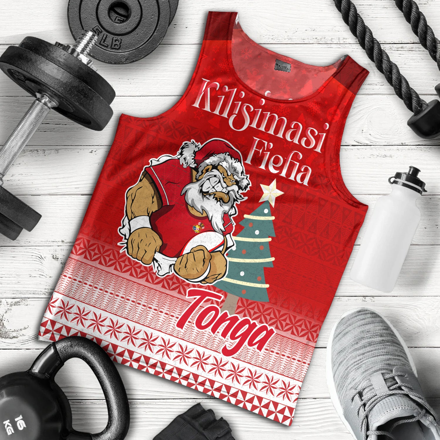 Tonga Tank Top Kilisimasi Fiefia Rugby Santa Style