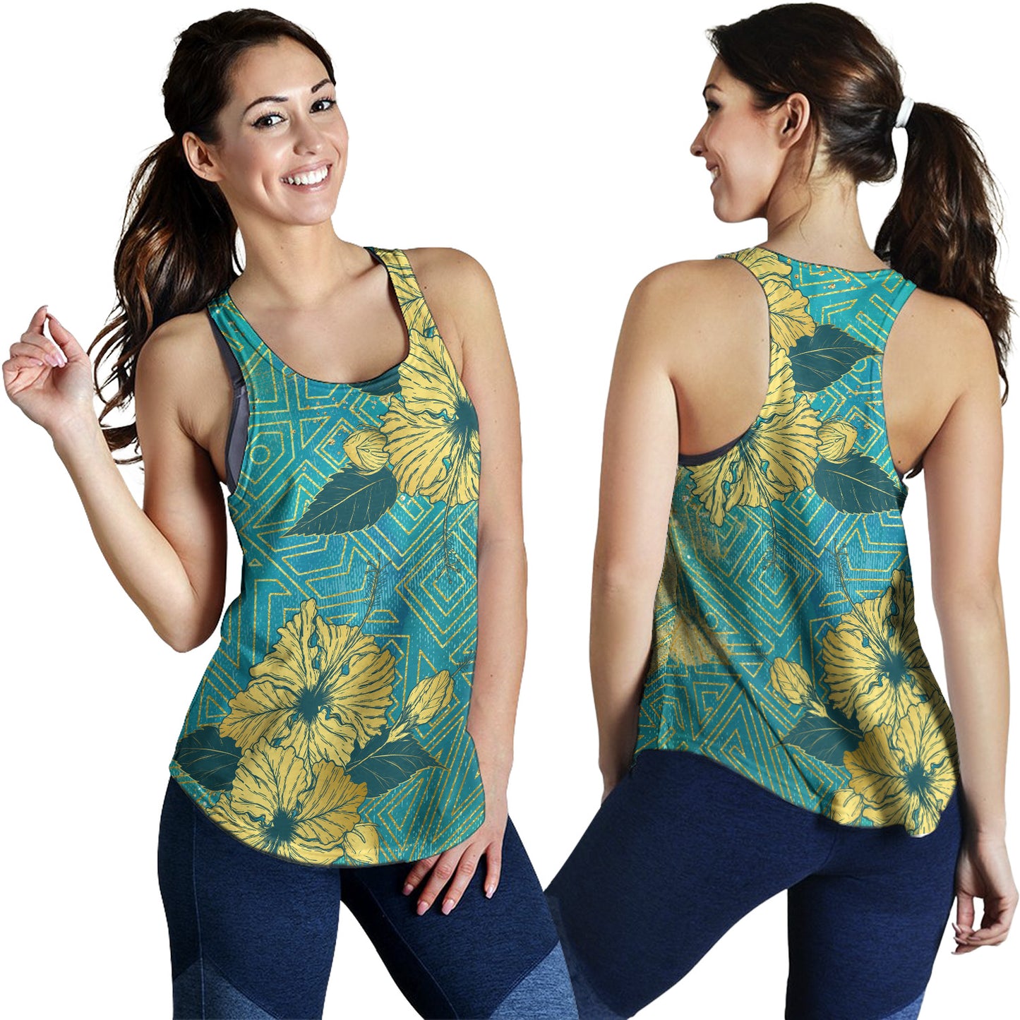 Hawaii Women Tank Golden Hibiscus Turquoise Color Tribal Pattern