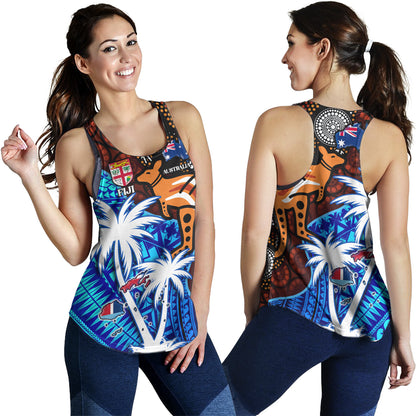 Fiji And Australia Women Tank Fijian Flag Tapa Patterns With Aboriginal Kangaroo