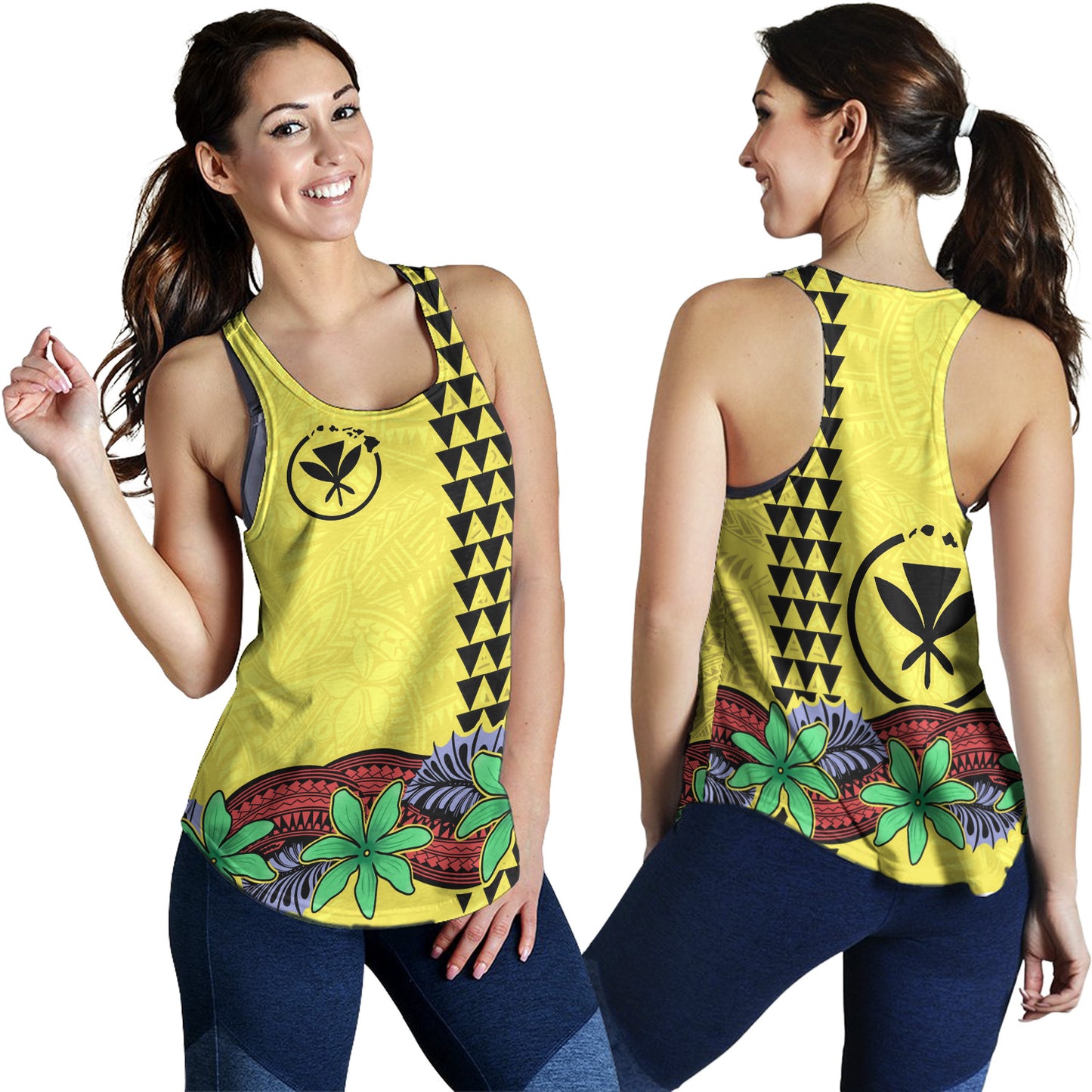 Hawaii Women Tank Kanaka Maoli Map Seal Tropical Flowers Yellow Color