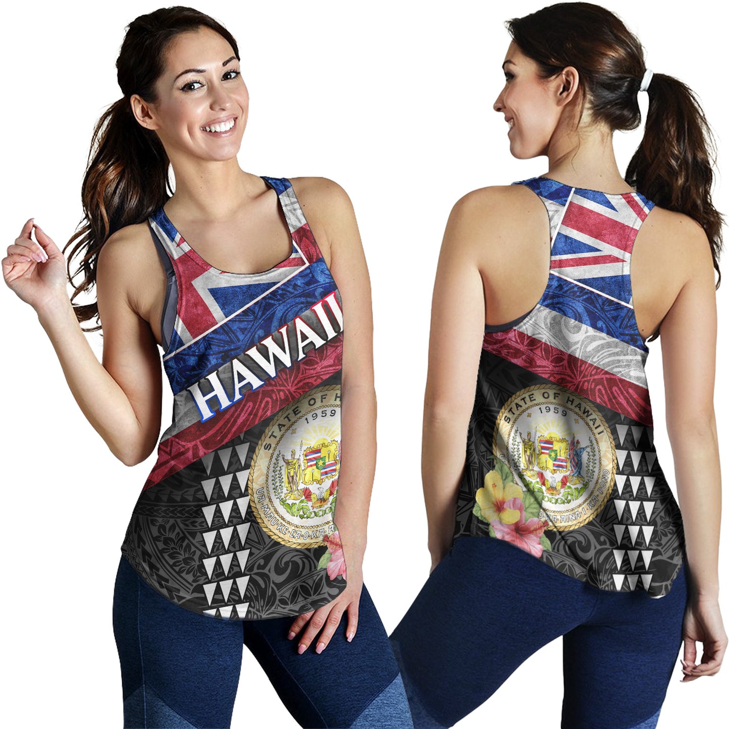Hawaii Women Tank Hawaiian Flag Polynesian Tribal Hibiscus Style